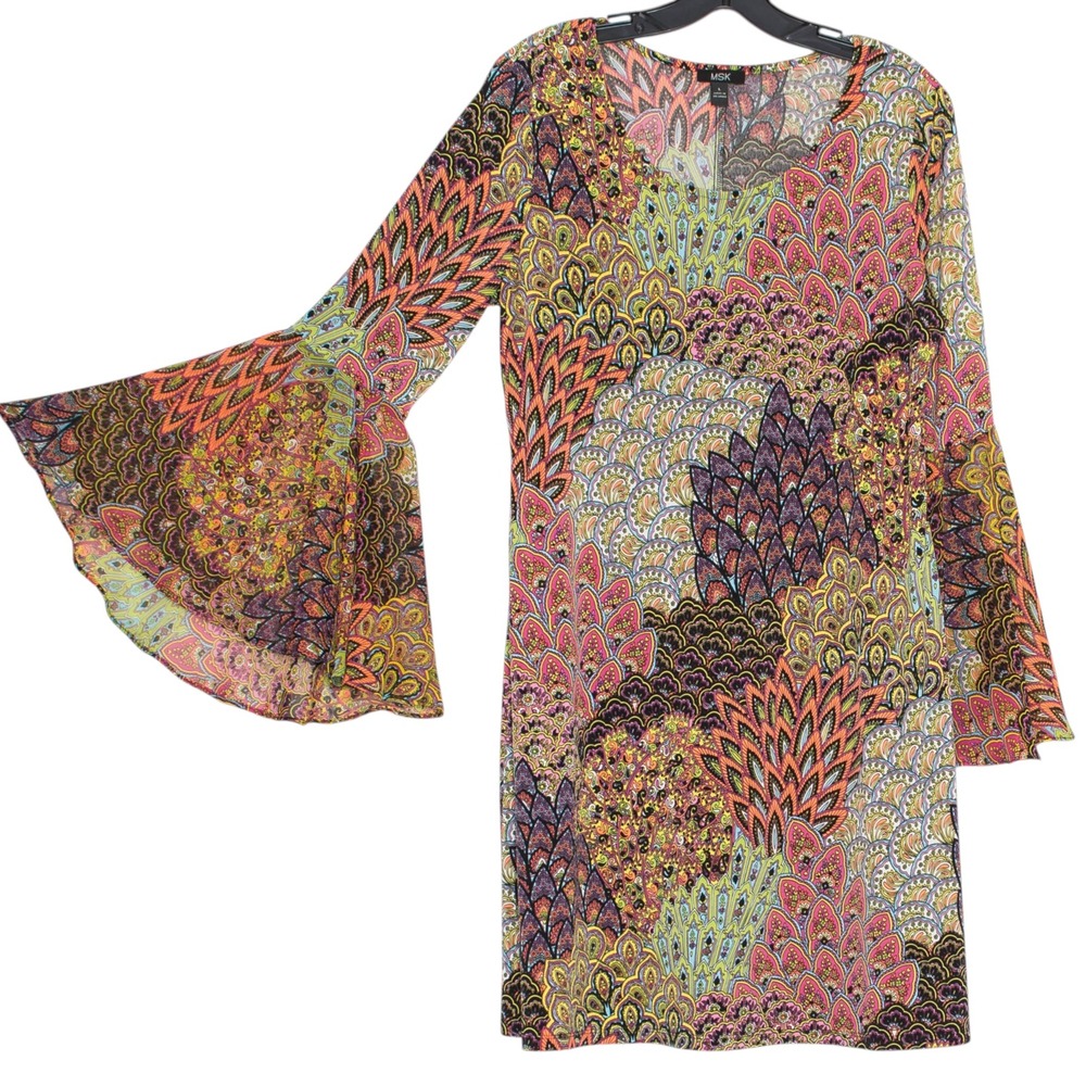 Bell Sleeve Dress Abstract Floral Boho Hippie Psychedelic 70s Maximalist Artsy L